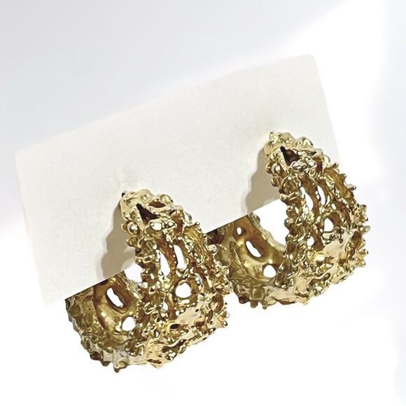 Vintage Gold Tone Nugget Hoop Earrings Textured Pierced Statement Chunky Jewelry - Picture 1 of 5